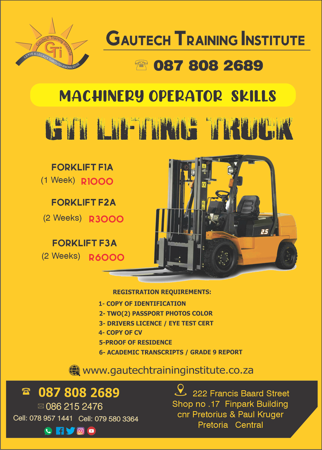 Forklift Training School / Forklift machinery institute We provide Health and Safety forklift training services and forklift licenses. Apply and start at any time for accredited and OHS compliant forklift certification. Our forklift operator training is easy, reliable and convenient. Learners practically operate a forklift before they inspect all components and demonstrate an understanding the functions of the lifting truck. Stacking, Shelving, Maneuvering also starting & shutting down. Code of Practice and operating procedures are also highlighted. Contact us for refresher forklift operator training skills and on-site training at affordable prices here in Pretoria central and Gauteng at large. Forklift Training Course Content Forklift Skills Training Course RPL Types of Lift Trucks As per Code of Practice Parts and Functions of a Forklift or Lift Truck Principles of Operation Code of Practice Lift Truck Safety procedures & SWPs Daily Checkslists and inspection Books Refuelling or Changing Batteries Mechanical Appreciation & Maintenance Log Books